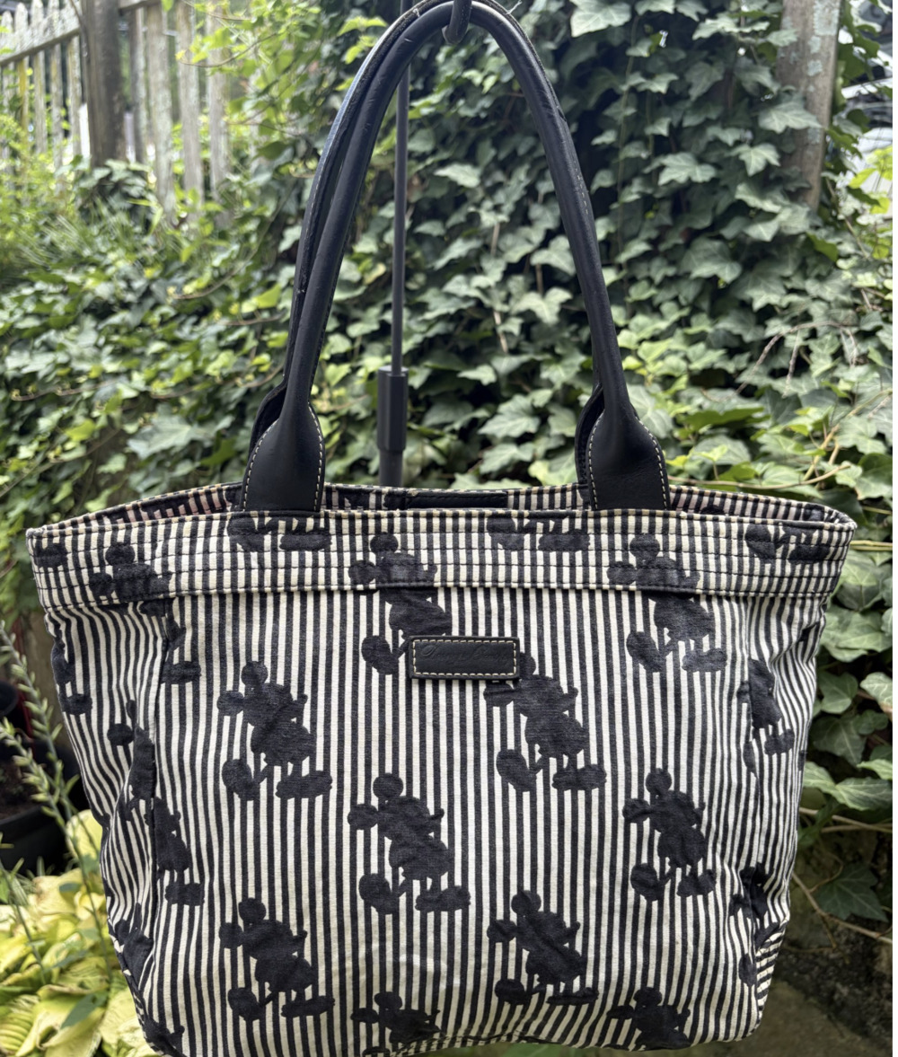 Disney Parks Mickey Mouse Gwenny Tote Bag Black White Striped Canvas Leather